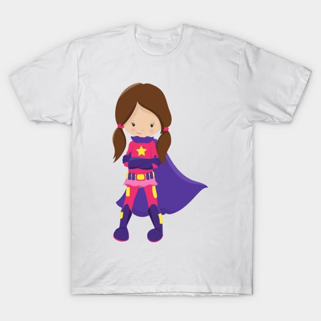 Superhero Girl, Brown Hair, Cute Girl, Purple Cape T-Shirt by Jelena Dunčević